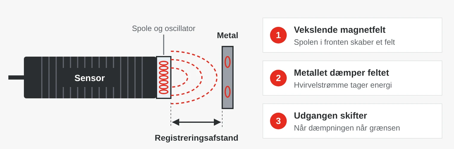 Principskitse af en induktiv sensor: spolen i fronten skaber et vekslende magnetfelt, en metalgenstand dæmper feltet med hvirvelstrømme, og udgangen skifter.