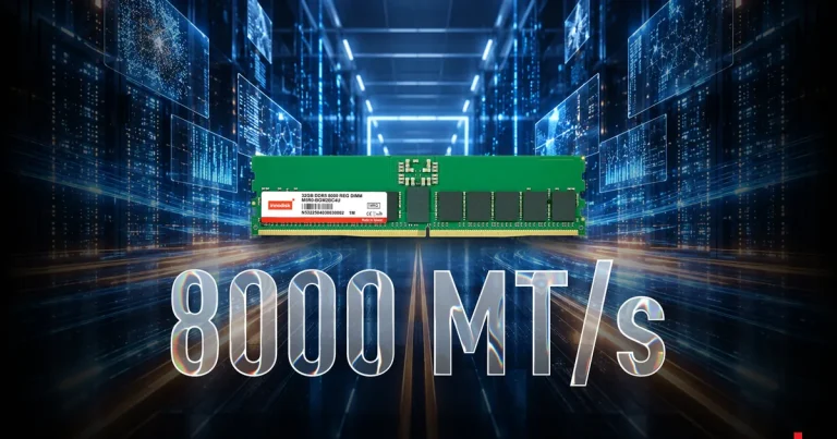 Innodisk DDR5 8000 RDIMM memory module in front of a server room with the text 8000 MT/s